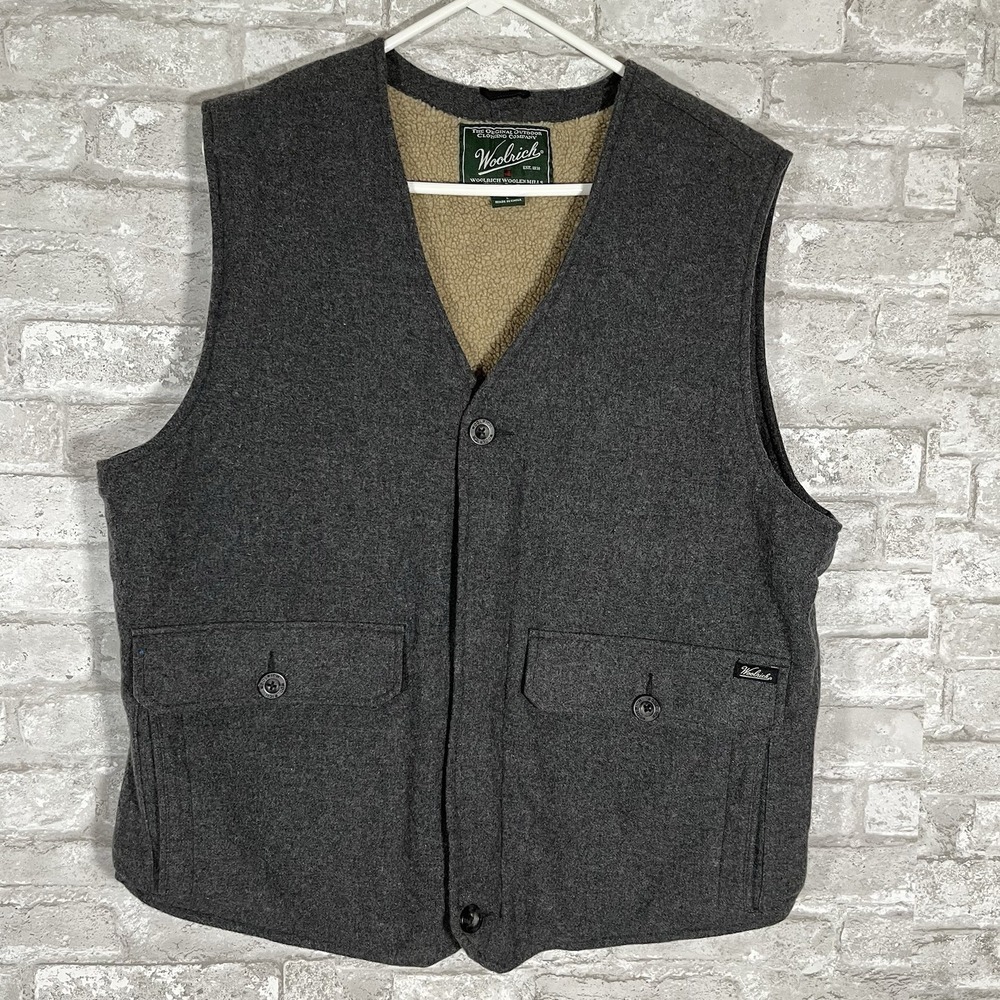 Vintage Woolrich Vest Jacket Coat Mens Size Large Gray Sherpa Lined Wool Blend